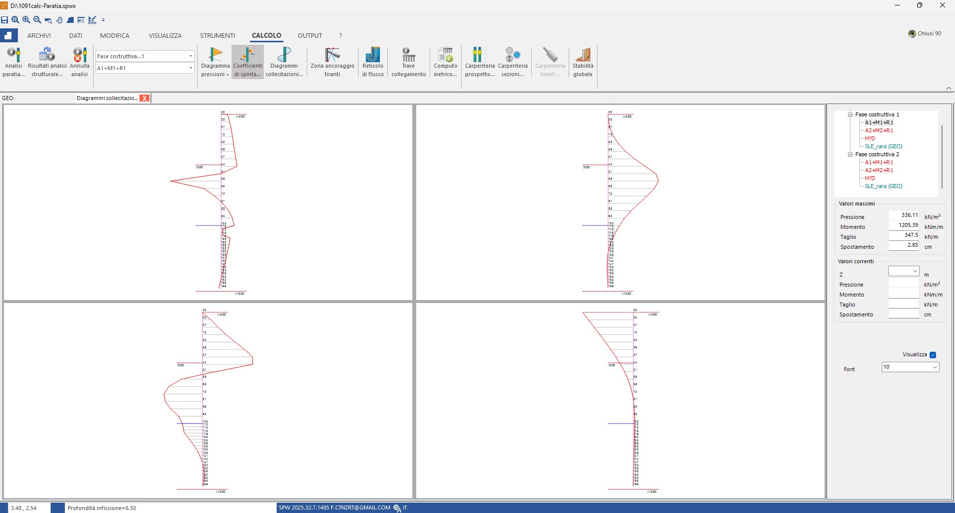 Diagrammi sollecitazioni fase 1: pressioni, momento, taglio, spostamento