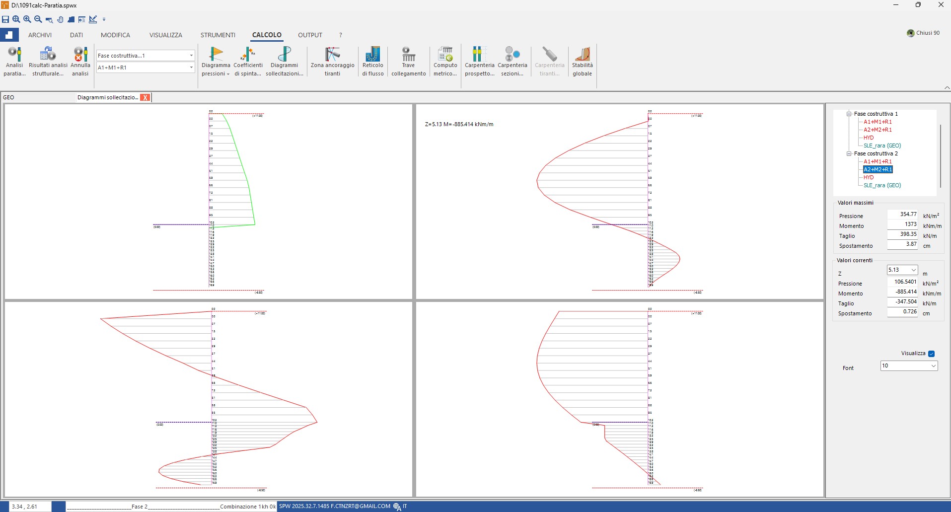 Diagrammi sollecitazioni fase 2: pressioni, momento, taglio, spostamento con testa "bloccata"